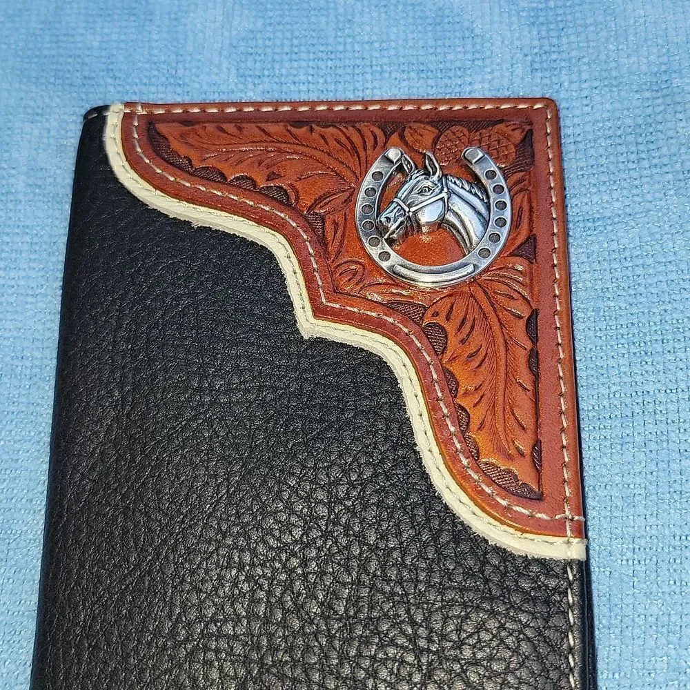 Western Genuine Leather Two Tone Checkbook Wallet Card Holder Horse Horseshoe